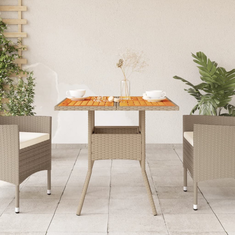 Stolik ogrodowy, beżowy, 80x80x75 cm, polirattan i akacja