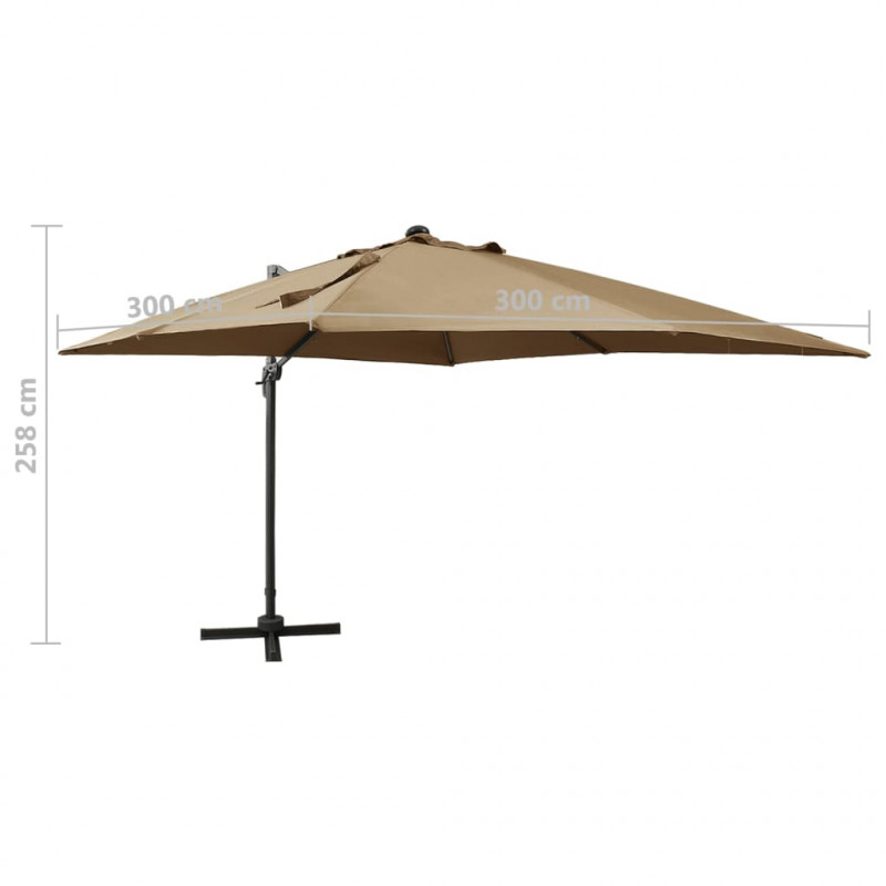 Parasol wiszący z lampkami LED i słupkiem, 300 cm, taupe