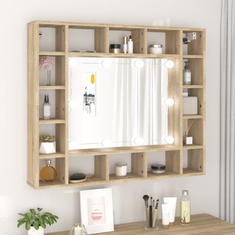 Szafka z lustrem i oświetleniem LED, dąb sonoma, 91x15x76,5 cm