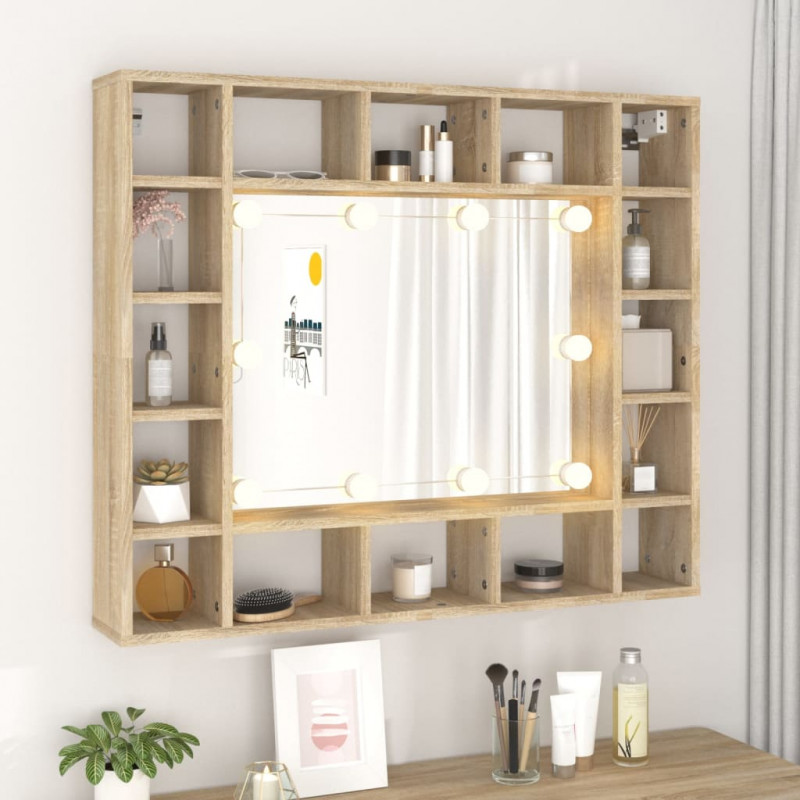 Szafka z lustrem i oświetleniem LED, dąb sonoma, 91x15x76,5 cm
