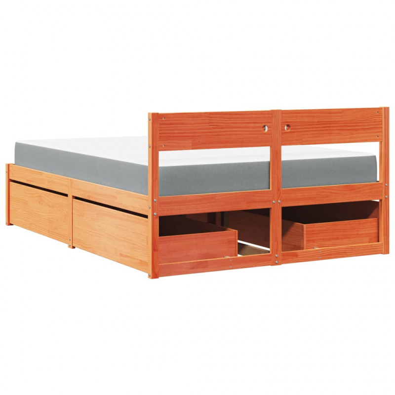 Łóżko z szufladami i materacem, woskowy brąz, 140x190 cm, sosna