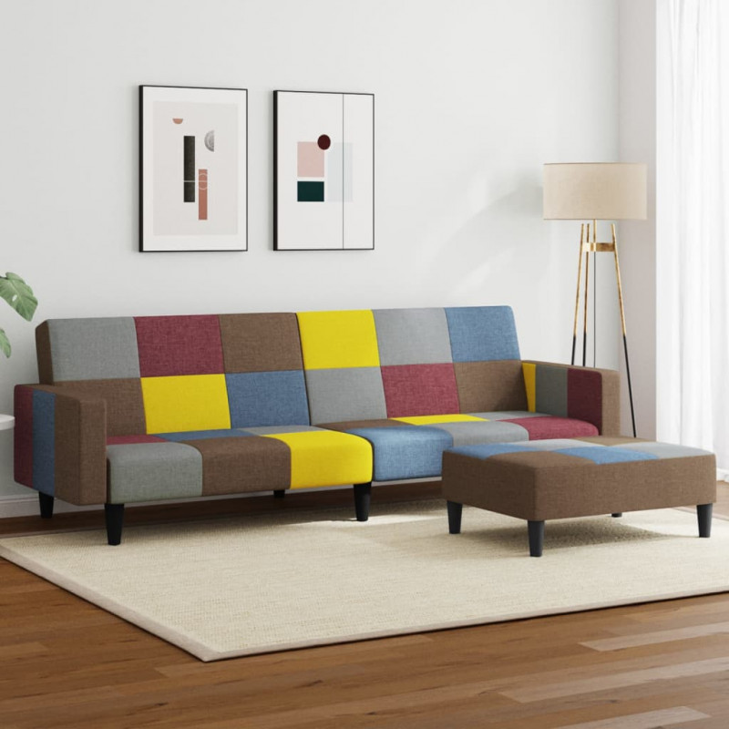 2-osobowa kanapa rozkładana z podnóżkiem, patchwork, tkanina
