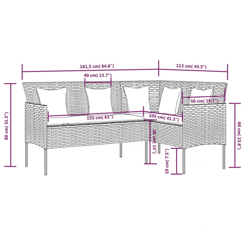 Sofa w kształcie litery L, z poduszkami, polirattan, brązowa