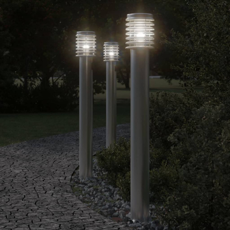 Lampy ogrodowe na słupku, 3 szt., srebrne, 110 cm, stal