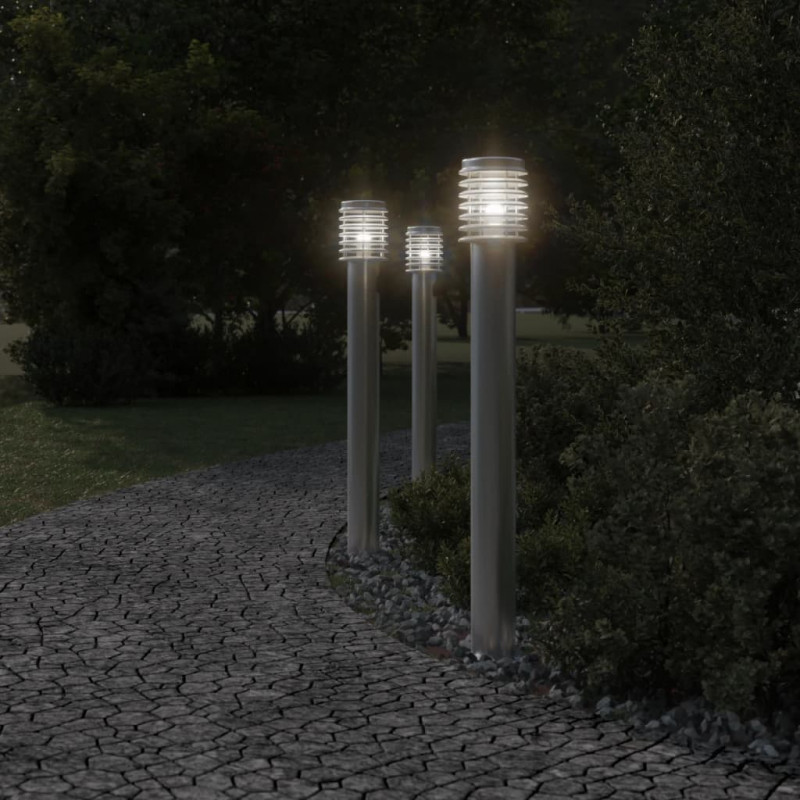 Lampy ogrodowe na słupku, 3 szt., srebrne, 110 cm, stal