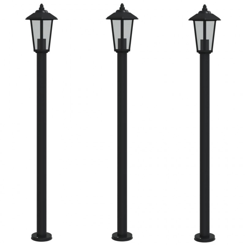 Lampy ogrodowe na słupku, 3 szt., czarne, 120 cm, stal