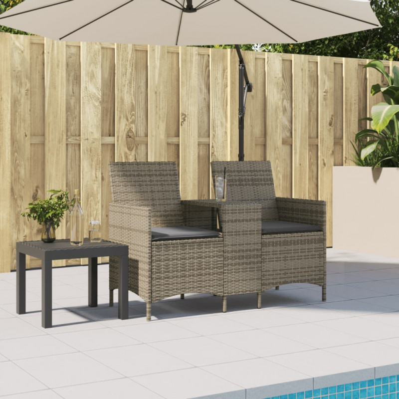 Ogrodowa sofa 2-os. ze stolikiem i poduszkami, szary rattan PE