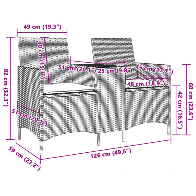 Ogrodowa sofa 2-os. ze stolikiem i poduszkami, szary rattan PE