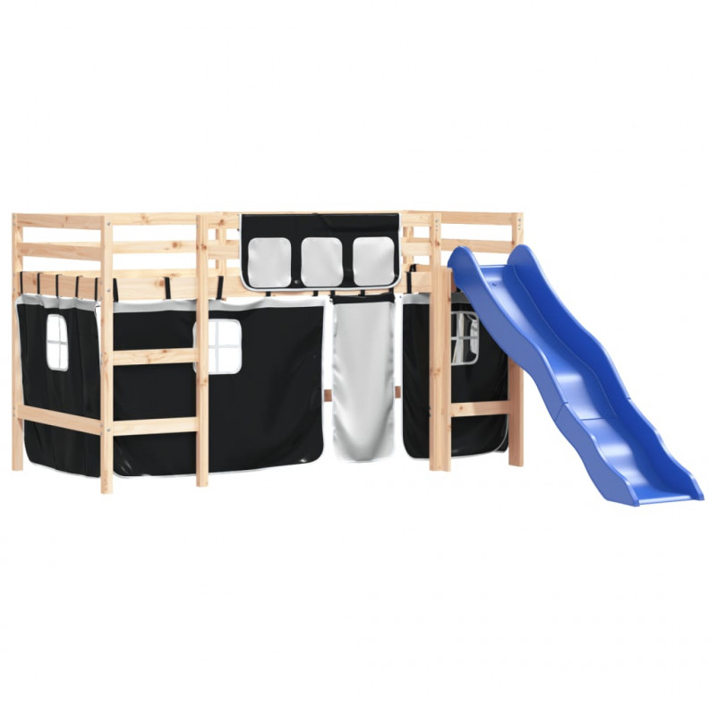 Dziecięce łóżko na antresoli, czarno-białe zasłonki, 90x200 cm