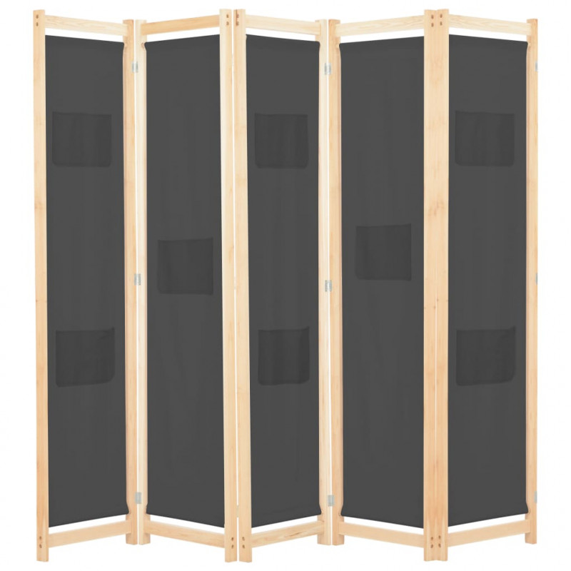 Parawan 5-panelowy, szary, 200 x 170 x 4 cm, tkanina