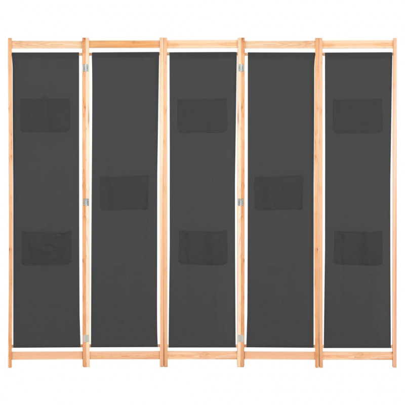 Parawan 5-panelowy, szary, 200 x 170 x 4 cm, tkanina