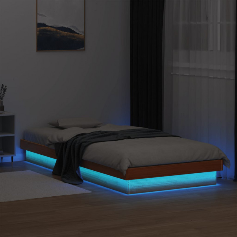 Rama łóżka z LED, woskowy brąz, 75x190 cm, lite drewno sosnowe