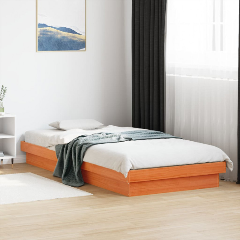 Rama łóżka z LED, woskowy brąz, 75x190 cm, lite drewno sosnowe