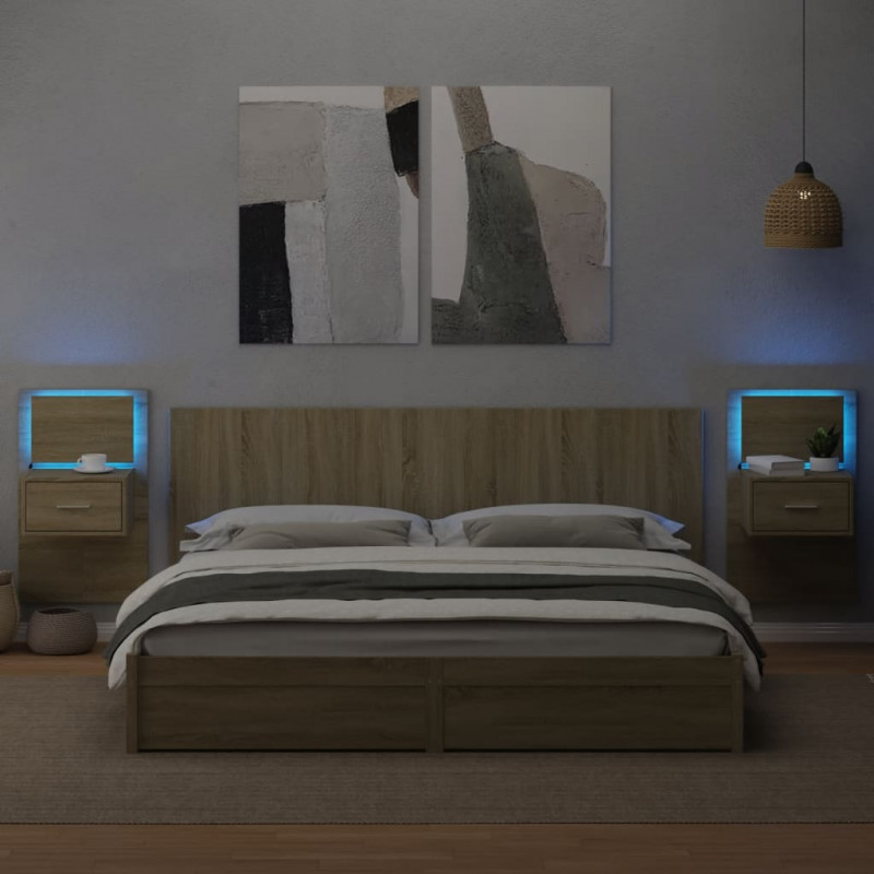 Wiszące szafki nocne z LED, 2 szt., dąb sonoma