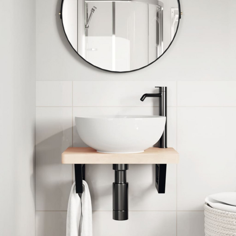 Półka ścienna pod umywalkę, stal i lite drewno bukowe