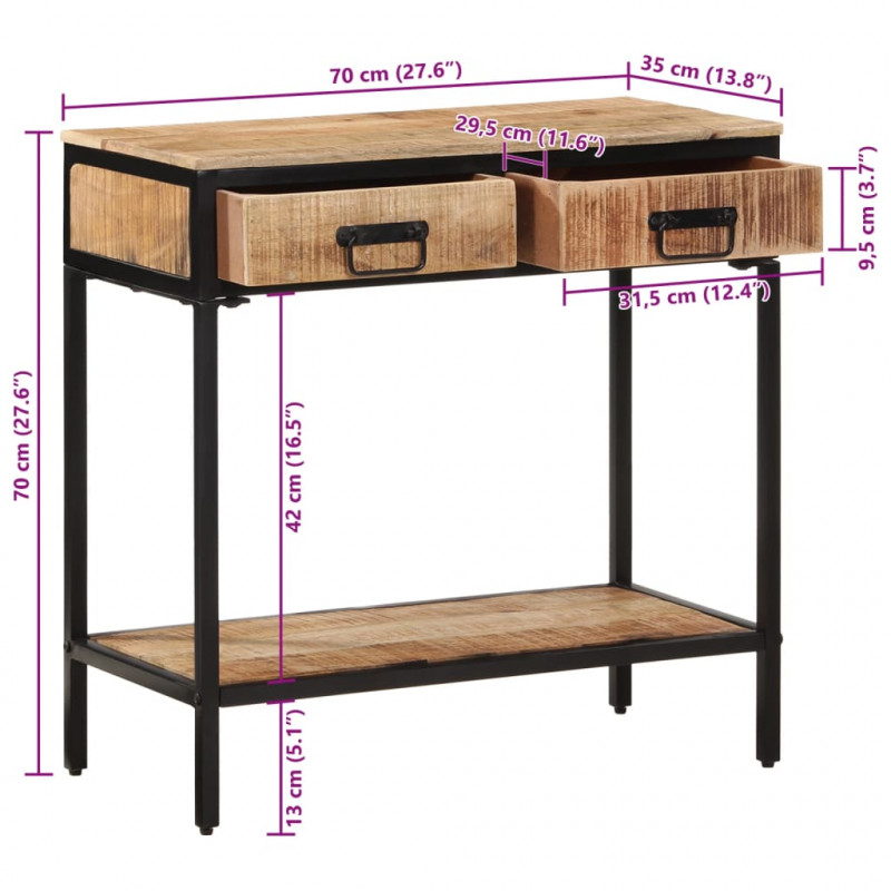 Stolik konsolowy, 70x35x70 cm, surowe drewno mango