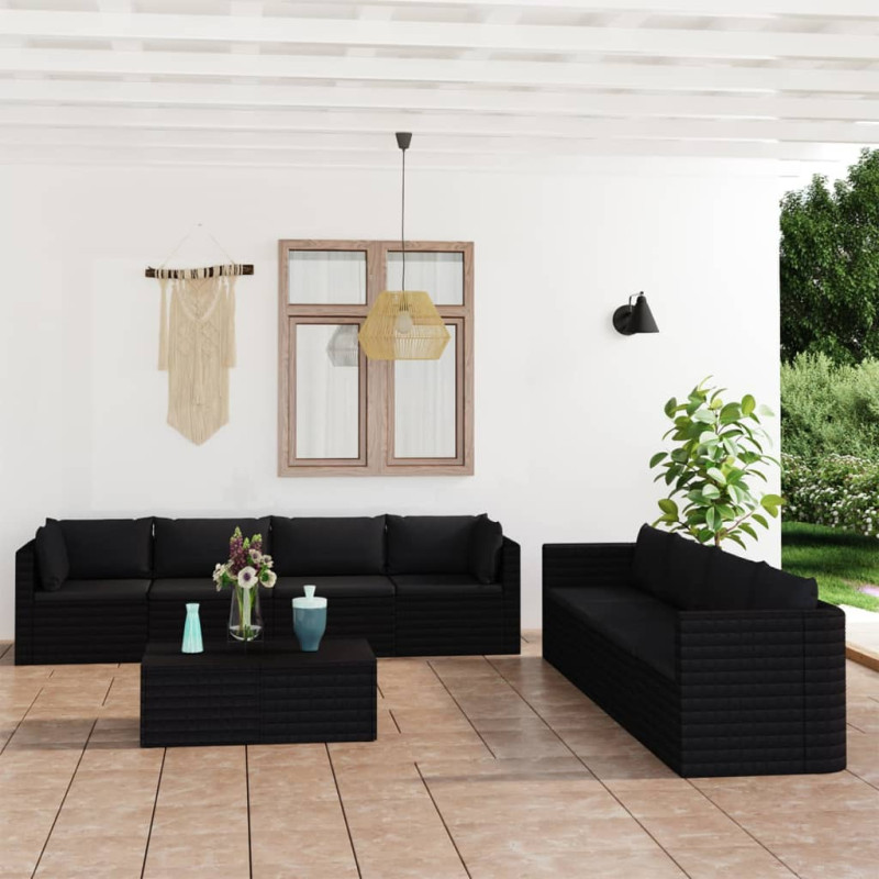 9-częściowy zestaw mebli do ogrodu, poduszki, rattan PE, czarny