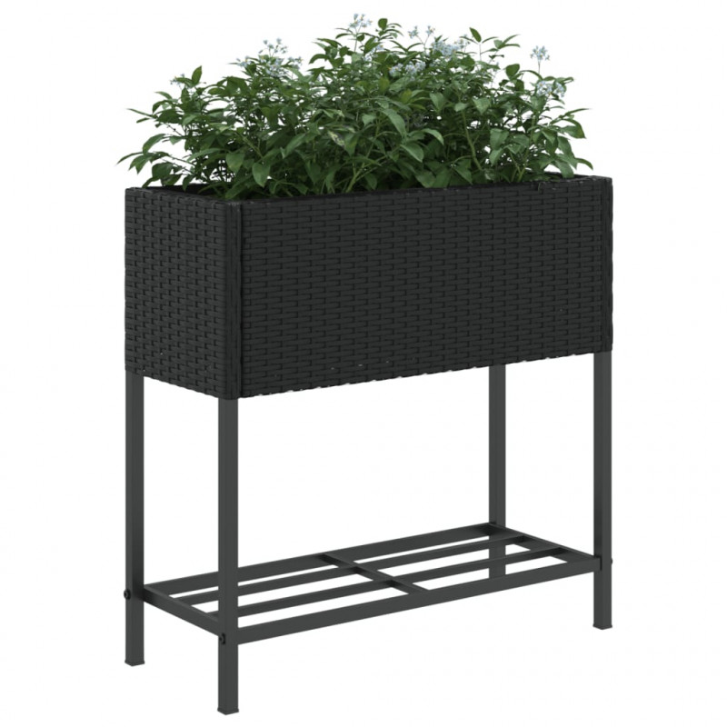Donice ogrodowe z półką, 2 szt, czarne, 70x28x70 cm, polirattan