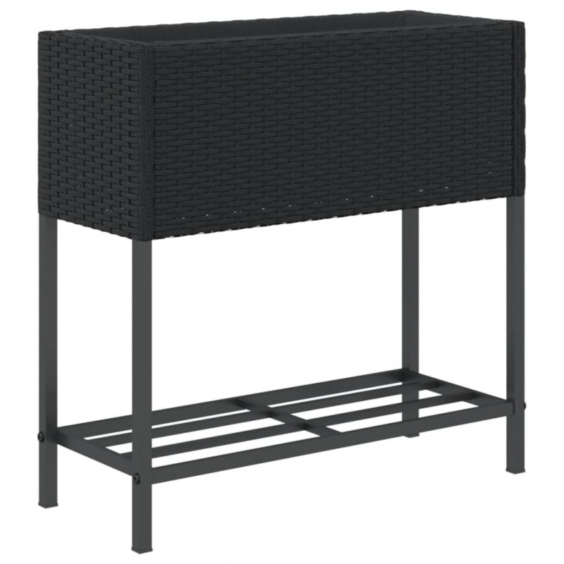 Donice ogrodowe z półką, 2 szt, czarne, 70x28x70 cm, polirattan