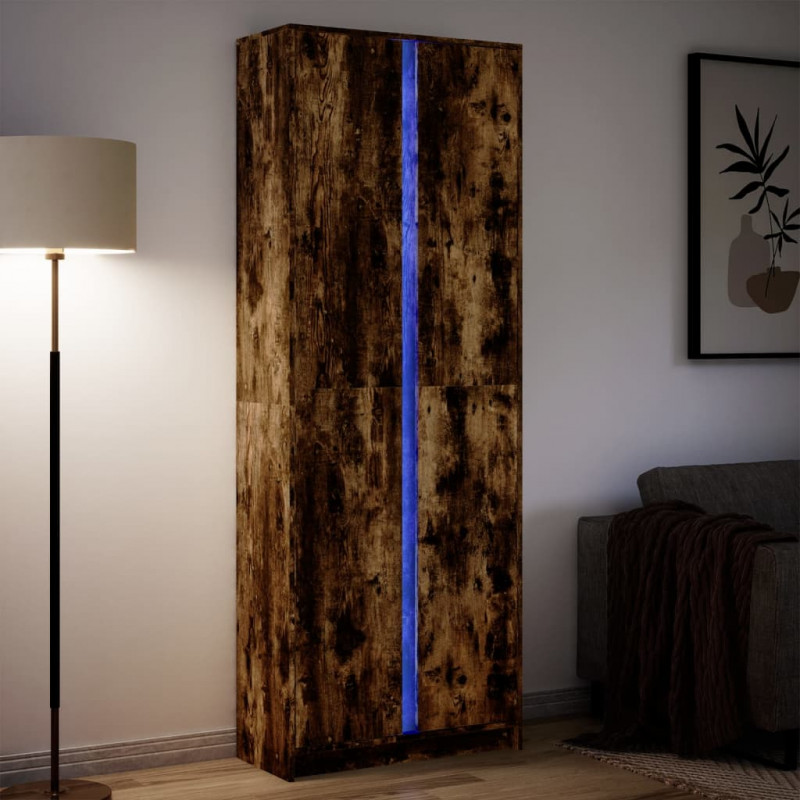 Wysoka szafka z LED, przydymiony dąb, 74x32,5x200 cm