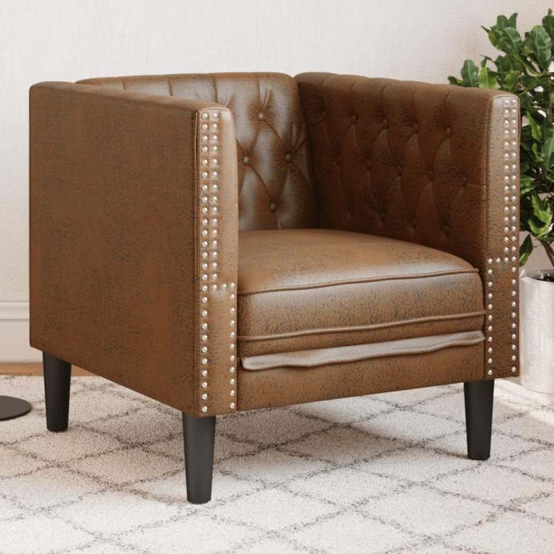 Fotel Chesterfield, brązowy, sztuczna skóra zamszowa