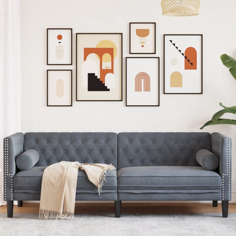 Sofa Chesterfield z wałkami, trzyosobowa, ciemnoszara, aksamit