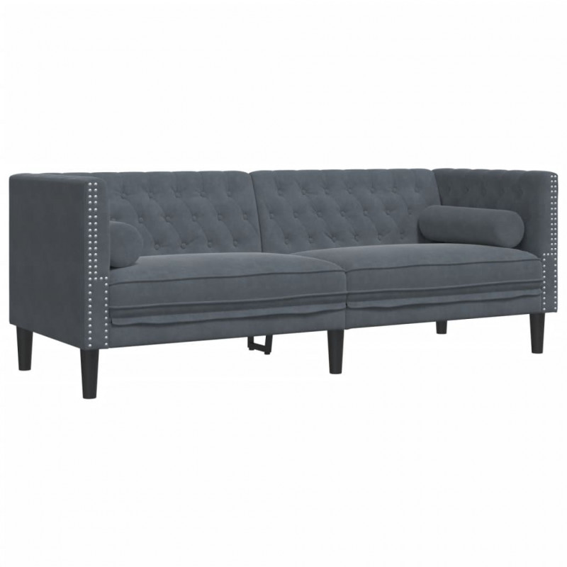 Sofa Chesterfield z wałkami, trzyosobowa, ciemnoszara, aksamit