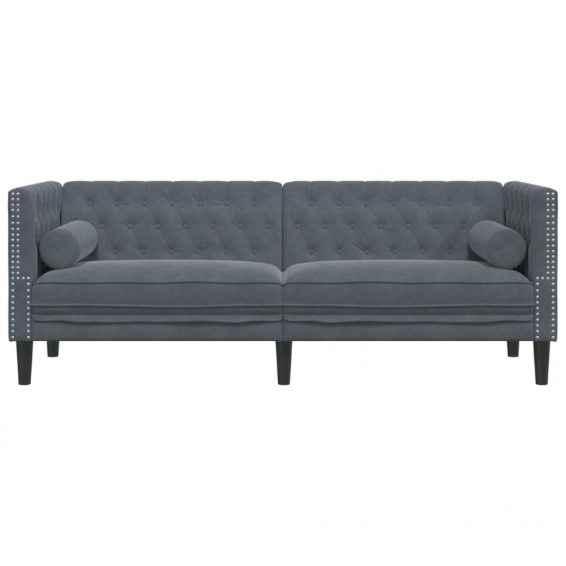 Sofa Chesterfield z wałkami, trzyosobowa, ciemnoszara, aksamit