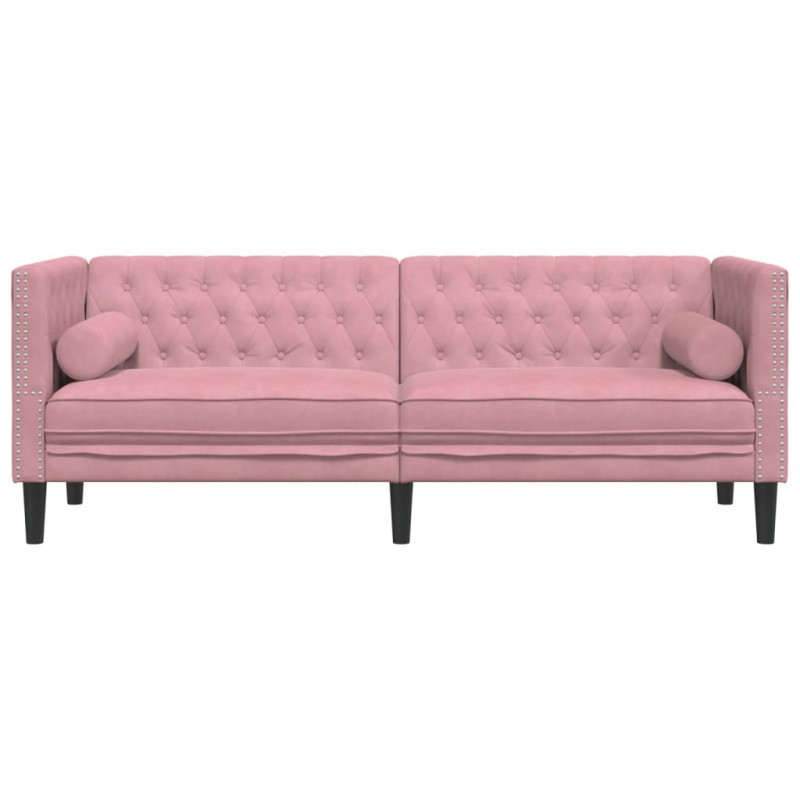 Sofa Chesterfield z wałkami, trzyosobowa, różowa, aksamit
