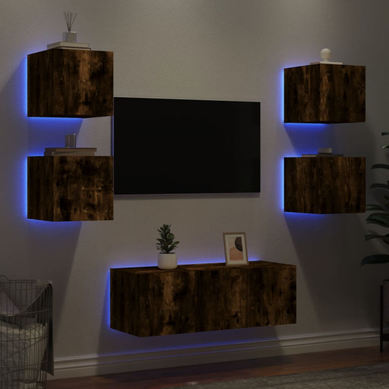 6-częściowy zestaw mebli TV z LED, przydymiony dąb