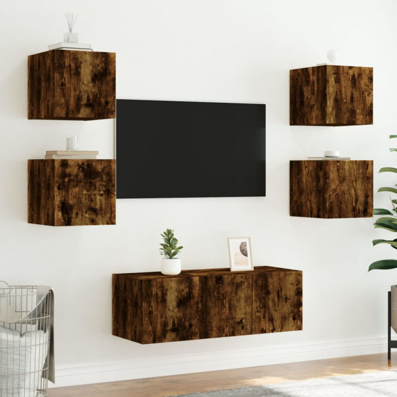 6-częściowy zestaw mebli TV z LED, przydymiony dąb
