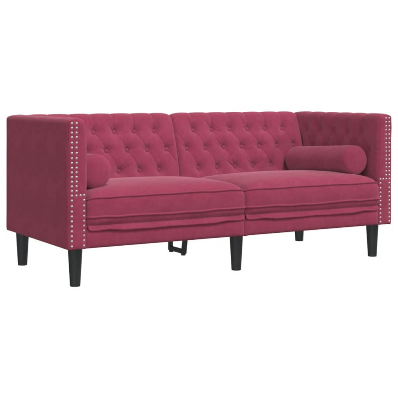 2-cz. wypoczynek Chesterfield z wałkami, bordowy, aksamit