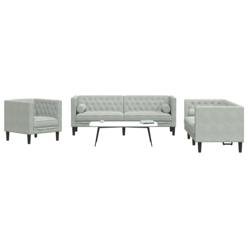 3-cz. wypoczynek Chesterfield z wałkami, jasnoszary, aksamit