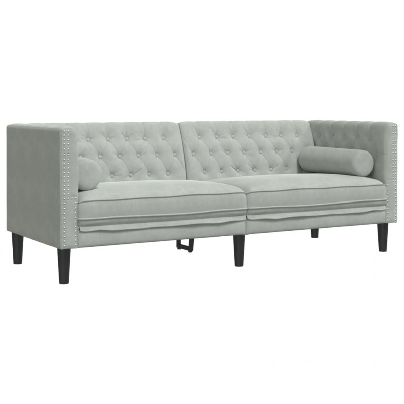 3-cz. wypoczynek Chesterfield z wałkami, jasnoszary, aksamit