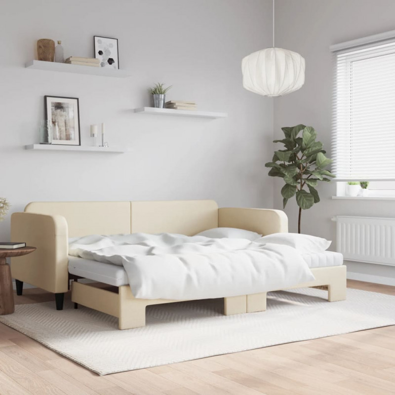 Sofa rozsuwana z materacami, kremowa, 90x200 cm, tkanina