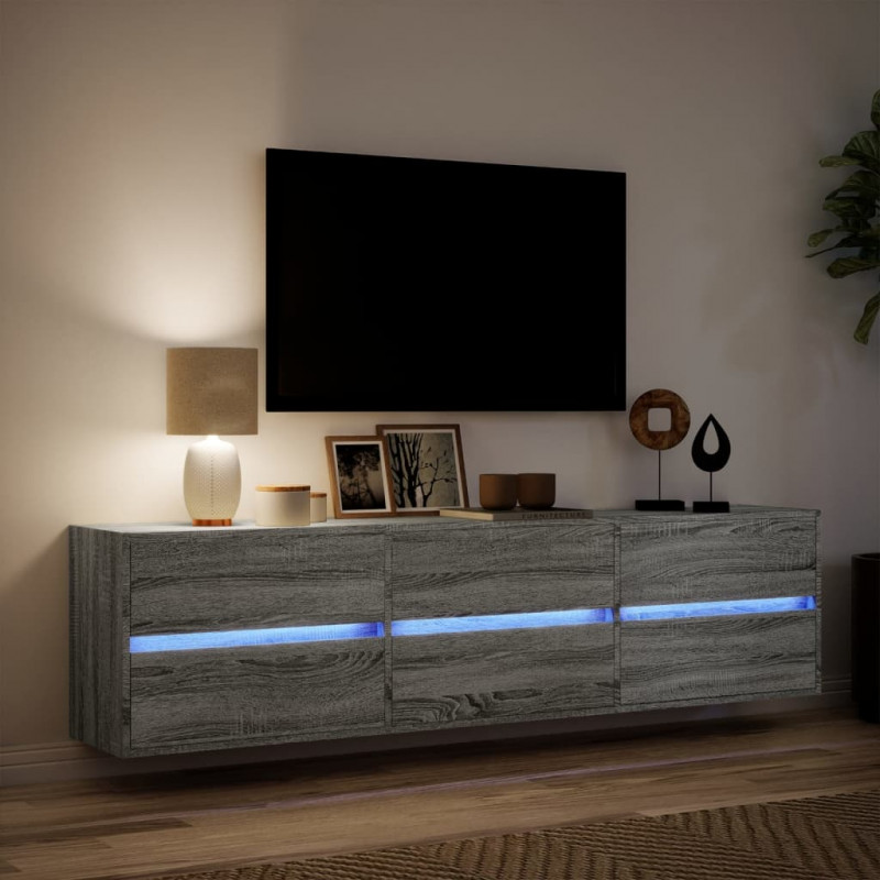 Ścienna szafka pod TV, z LED, szary dąb sonoma, 180x31x45 cm
