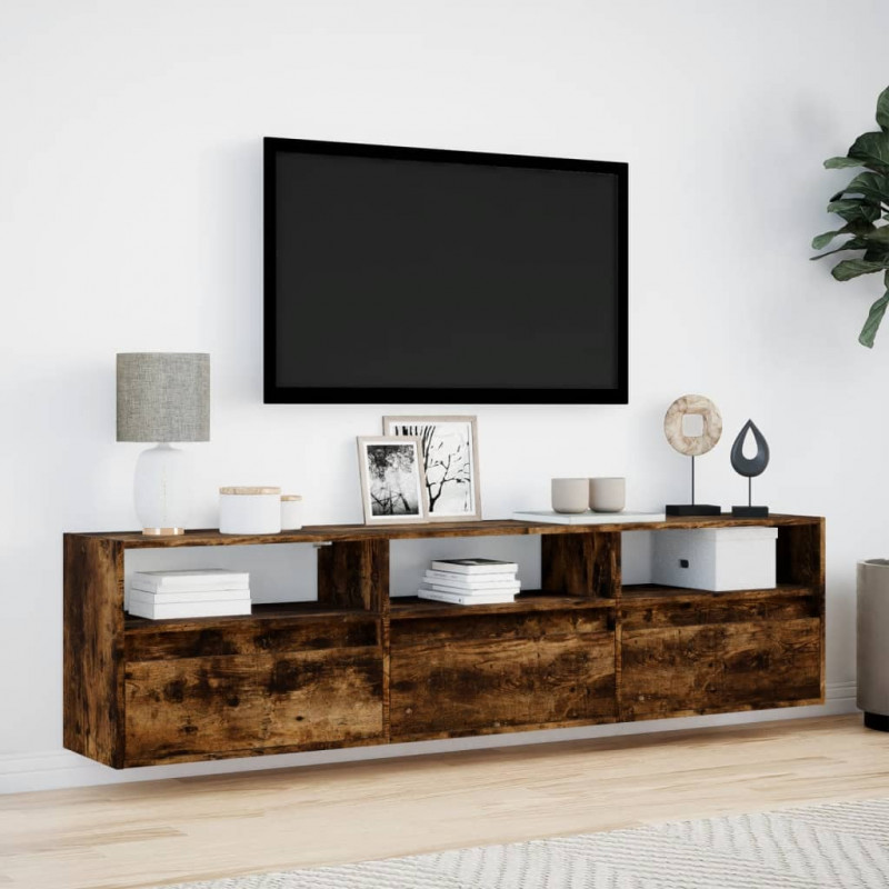 Ścienna szafka pod TV, z LED, przydymiony dąb, 180x31x45 cm