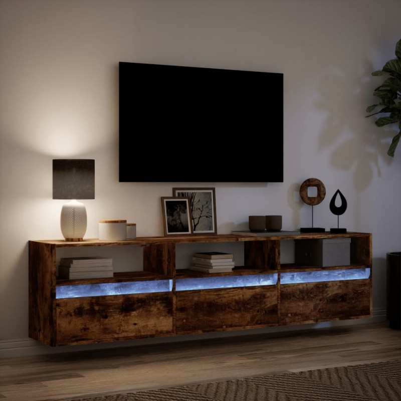 Ścienna szafka pod TV, z LED, przydymiony dąb, 180x31x45 cm