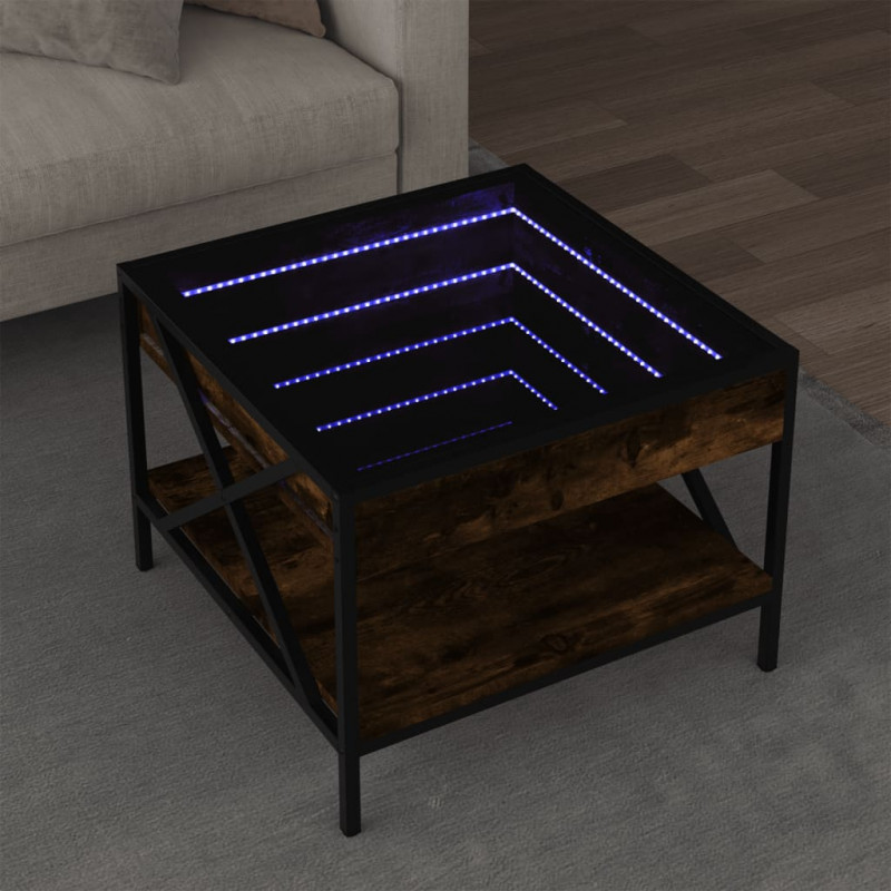 Stolik kawowy z LED Infinity, przydymiony dąb, 50x50x38 cm