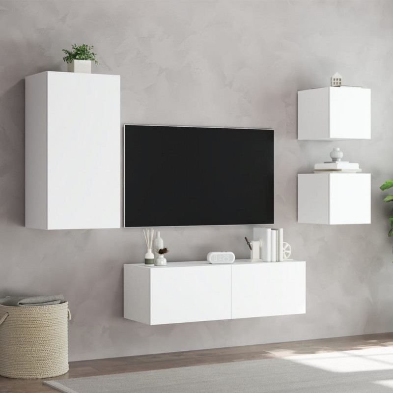 4-cz. zestaw ściennych mebli TV, z oświetleniem LED, biały