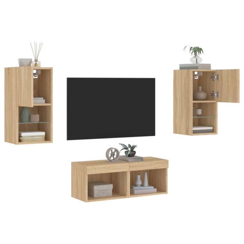 4-cz. zestaw mebli TV z oświetleniem LED, dąb sonoma