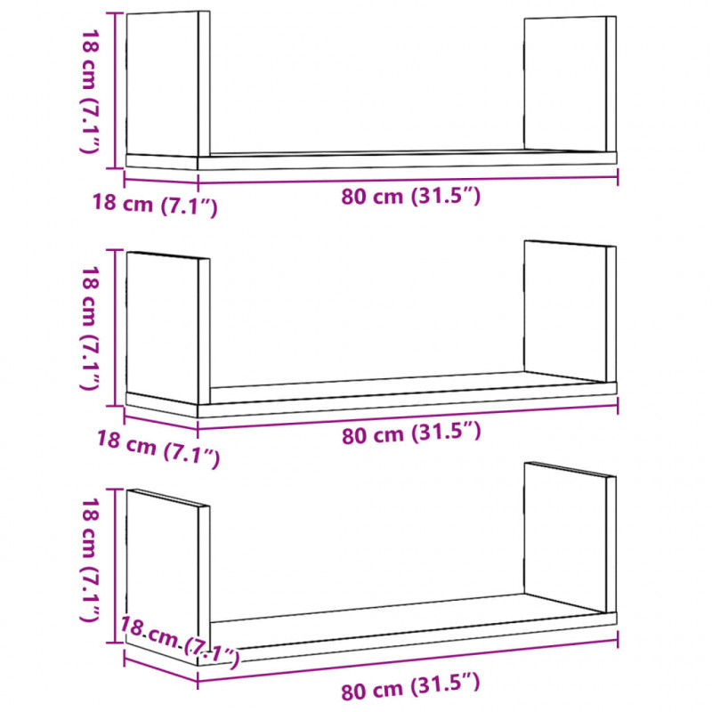 Półki ścienne, 3 szt., stare drewno, 80x18x18 cm