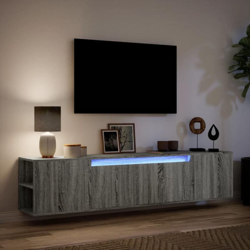 Ścienna szafka pod TV, z LED, szary dąb sonoma, 180x31x39,5 cm