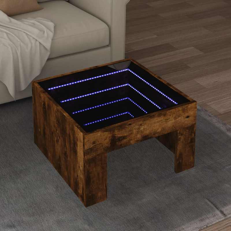 Stolik kawowy z LED Infinity, przydymiony dąb, 50x50x30 cm