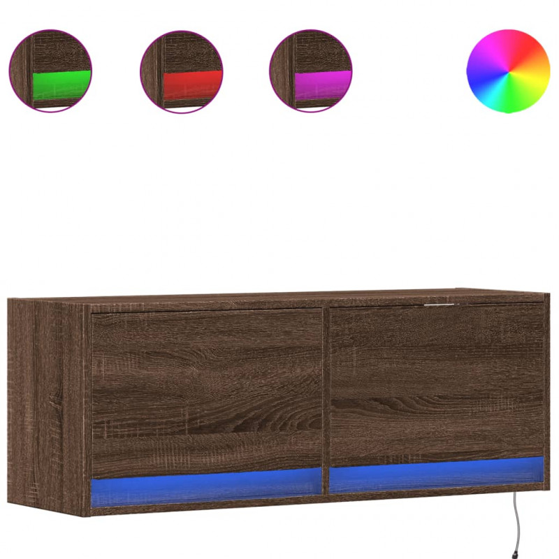 Ścienna szafka TV z LED, brązowy dąb, 100x31x35 cm