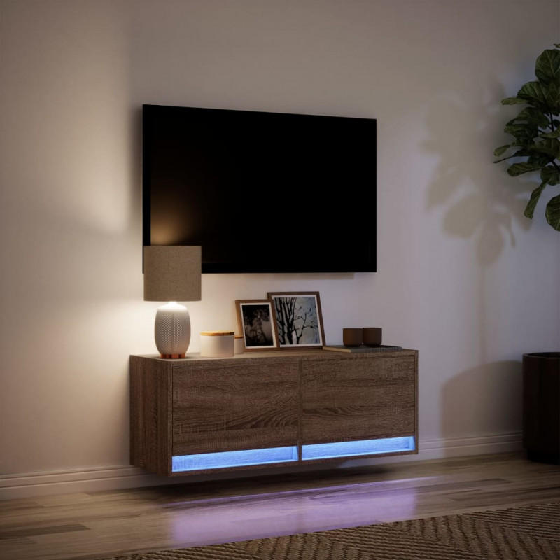 Ścienna szafka TV z LED, brązowy dąb, 100x31x35 cm