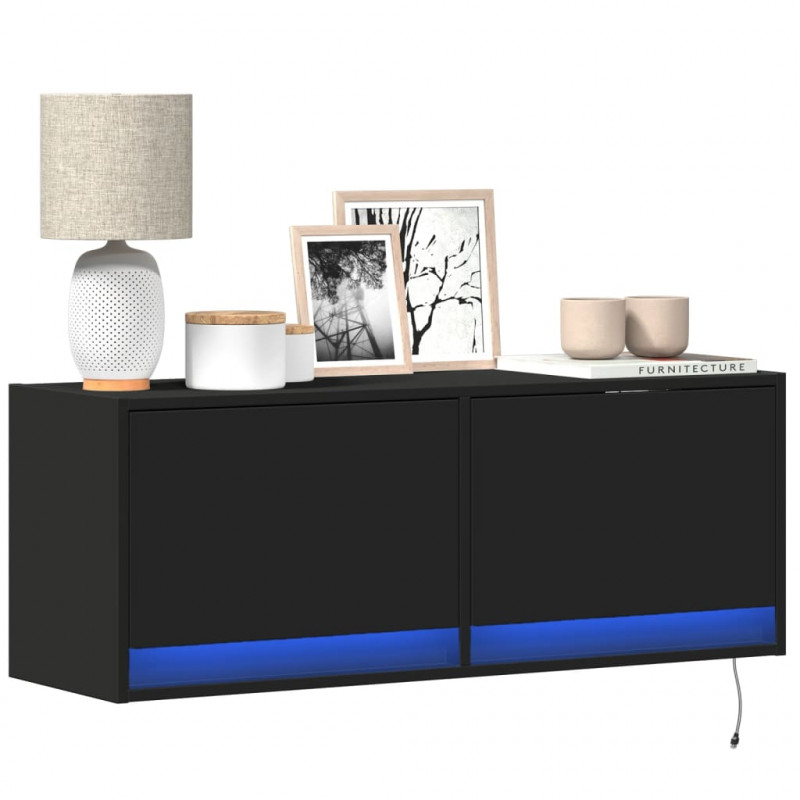 Ścienna szafka TV z LED, czarna, 100x31x35 cm