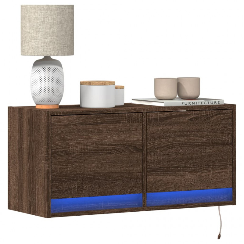 Ścienna szafka TV z LED, brązowy dąb, 80x31x35 cm
