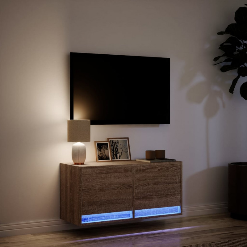 Ścienna szafka TV z LED, brązowy dąb, 80x31x35 cm
