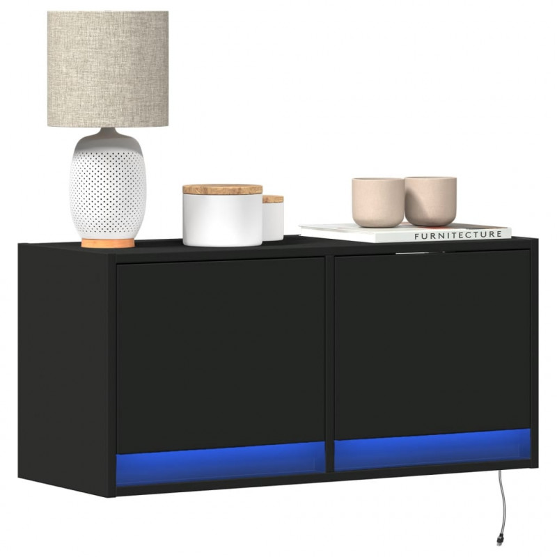 Ścienna szafka TV z LED, czarna, 80x31x35 cm